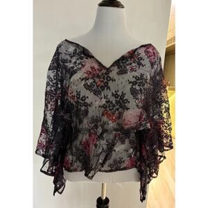 Free People Lace Top Blousy Shirt Wide Sleeves Fitted Bottom Hippie Purple Large